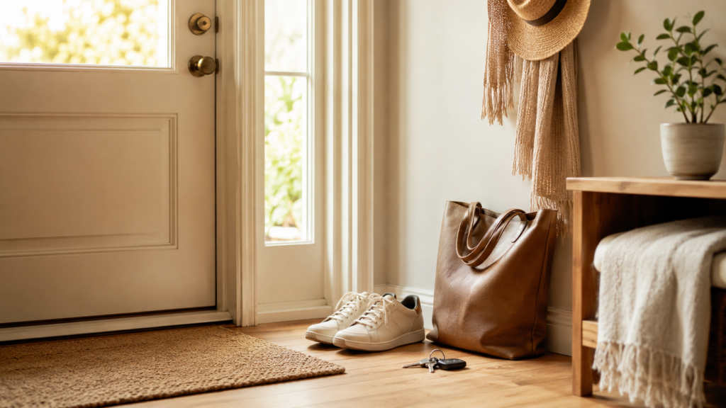 A calm morning entryway with shoes, keys, and a bag symbolizing a lighter daily life